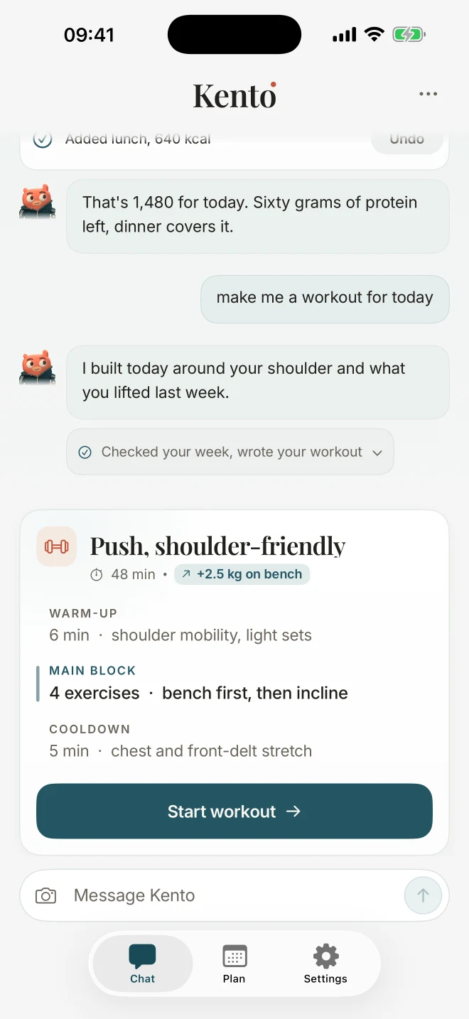 The current Kento chat with a saved lunch and a shoulder-friendly workout, including warm-up, main block and cooldown.