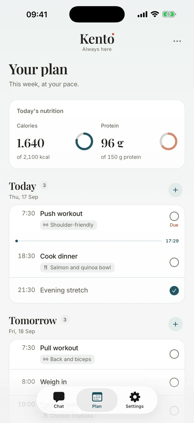 The current Kento Plan with daily nutrition, a push workout, dinner and a completed evening stretch.