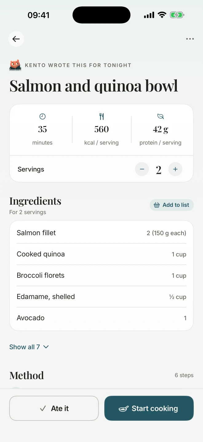 A recipe Kento wrote for tonight: salmon and quinoa bowl, 35 minutes, 42 grams of protein, with an Add to list button.